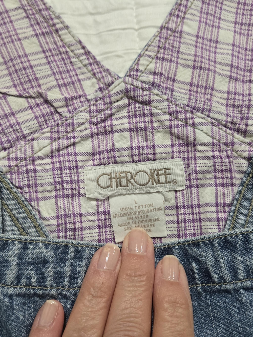 Cherokee Women’s Jeans Overalls - Purple Plaid Accent Inside Top